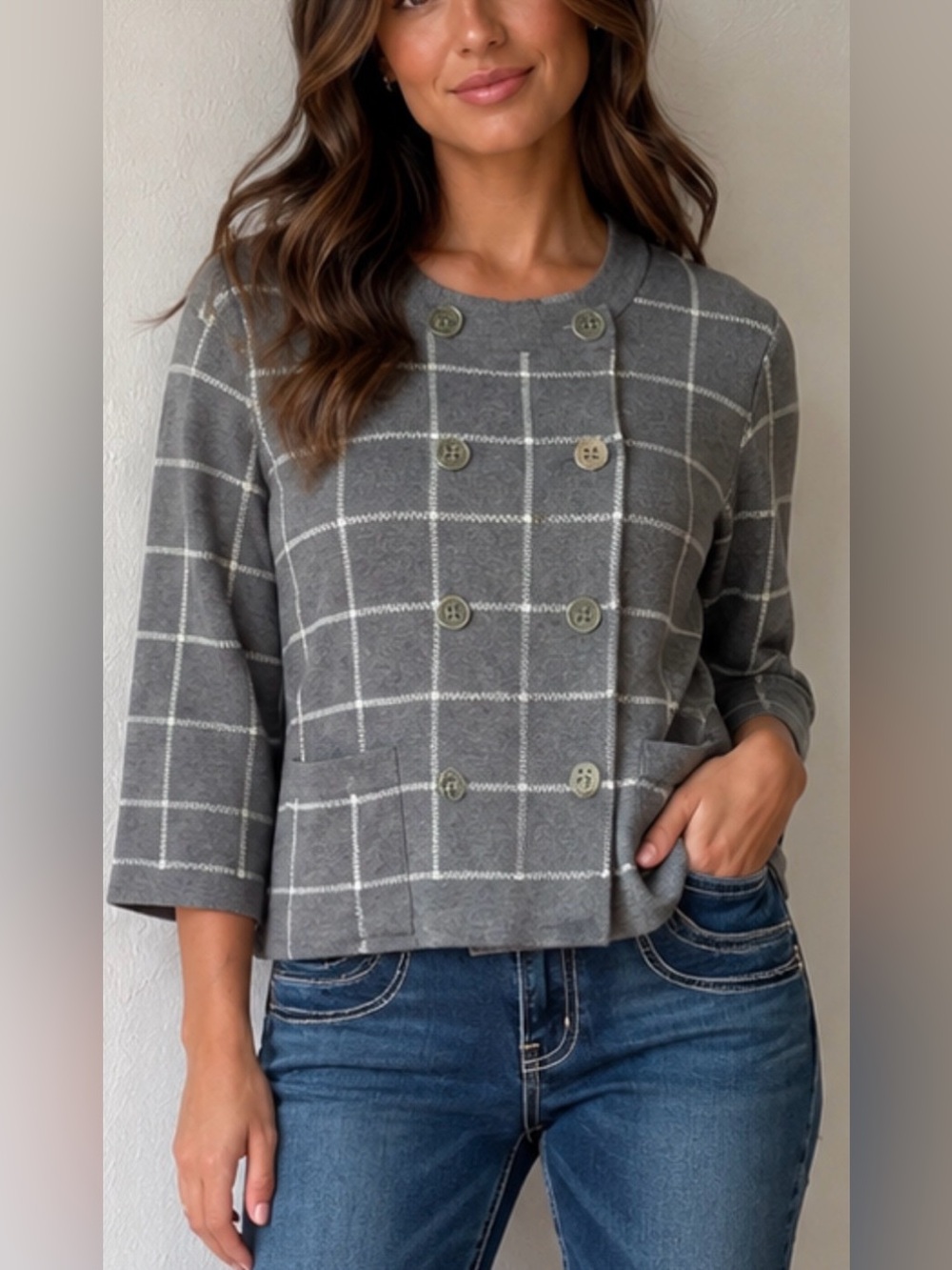 Banana Republic Women’s Blue Windowpane Plaid Double Breasted Cardigan